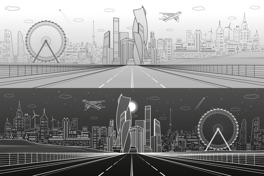 Wide highway. Urban infrastructure illustration panorama, futuristic city on background, modern architecture, ferris wheel. Airplane fly. White and gray lines, day and night scene, vector design art