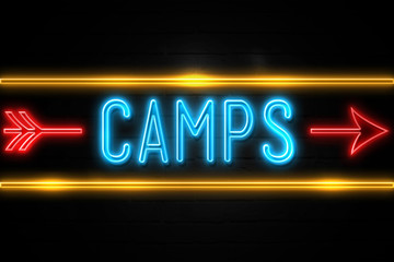 Camps  - fluorescent Neon Sign on brickwall Front view