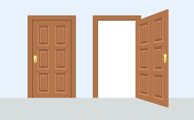Open and closed door house front. Wooden open entry with shining light. Vector illustration