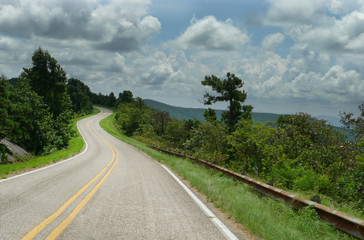 Curving roads in Oklahoma, southeastern region in the Ouachita Mountains, scenic vistas along the byway that follows the ridge of mountains from west to east.