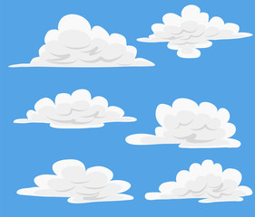 Vector cartoon clouds in blue sky. Set of white clouds, heaven with fluffy cloid illustration