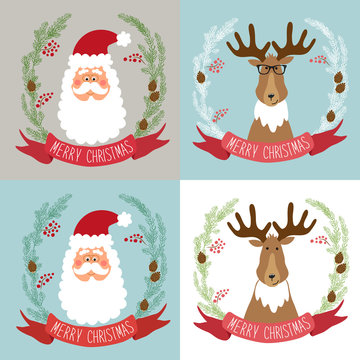 Cute retro Christmas cards with funny cartoon characters of Santa Claus and Reindeer