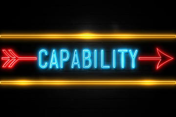 Capability  - fluorescent Neon Sign on brickwall Front view