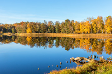 View of a lake with autumn colors on the trees