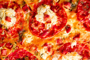Obraz na płótnie Canvas Pizza with ham, cheese, tomatoes texture