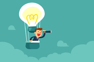 businessman in hot air balloon searching for opportunity