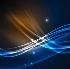 Energy lines, glowing waves in the dark, vector abstract background