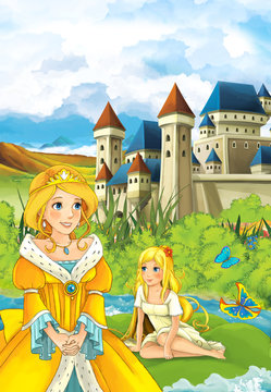 cartoon fairy tale scene with a young princess looking at some little girl on swimming on a leaf - illustration for children