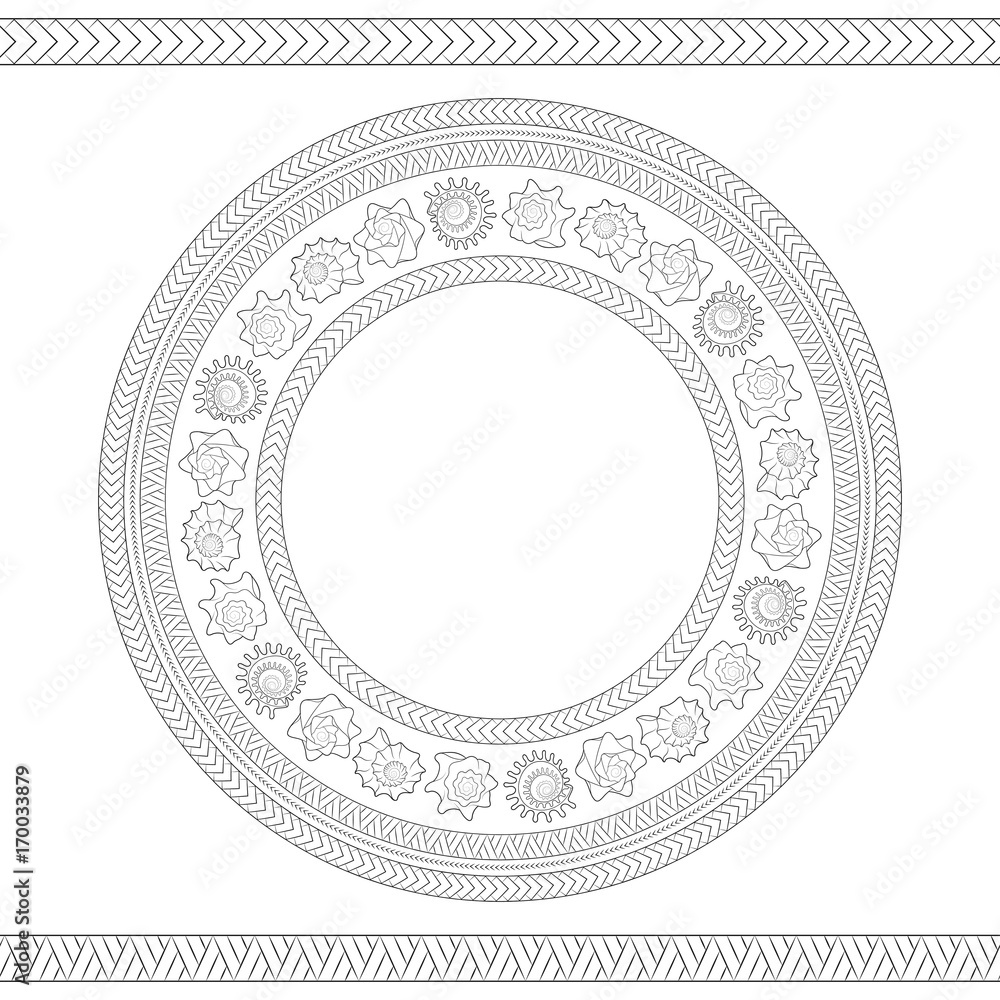 Poster seamless pattern with shells and polynesian patterns. vector black and white round illustration.