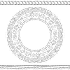 Seamless pattern with shells and Polynesian patterns. Vector black and white round illustration.
