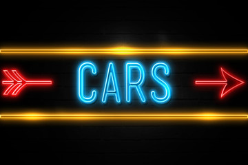 Cars  - fluorescent Neon Sign on brickwall Front view