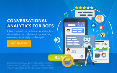 Chatbot business concept. Messenger window. Chating and messaging concept. Chatbot and future marketing analytics. Dialog box of mobile phone. Smartphone on a blue background. Vector illustration