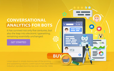 Chating and messaging concept. Chatbot and future marketing analytics. Messenger window. Dialog box of mobile phone. Chatbot business concept. Smartphone on a orange background. Vector illustration