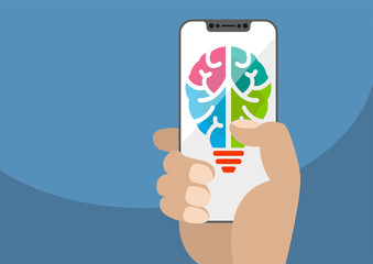 Symbol combining light bulb and brain displayed on frameless touchscreen. Hand holding modern bezel free smartphone. Concept for ideation, innovation and creativity. Illustration using flat design.