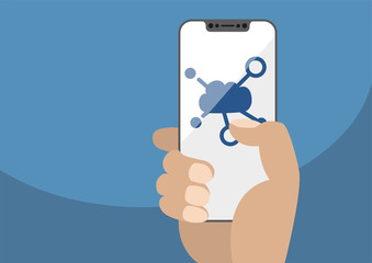 Cloud computing symbol displayed on frameless touchscreen. Hand holding modern bezel free smartphone isolated on blue background. Illustration using flat design.