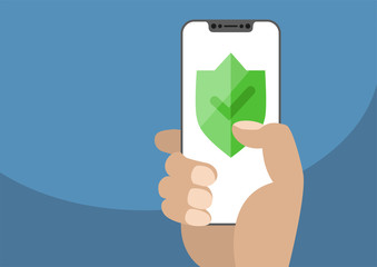 Green shield displayed on frameless touchscreen. Hand holding modern bezel free smartphone. Concept for online or internet security. Illustration using flat design.