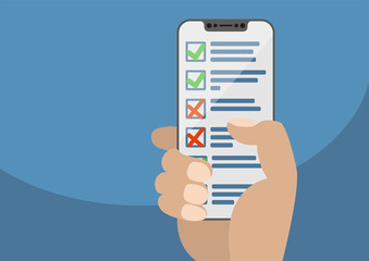 Hand holding modern bezel free smartphone with checklist or task list displayed on touchscreen. Concept for getting things done online. Illustration in flat design.