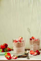 Chocolate pudding with strawberries. St. Valentine's Day dessert.Copy space.
