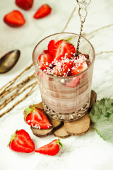 Chocolate pudding with strawberries. St. Valentine's Day dessert.