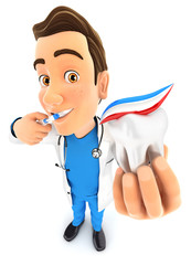 3d doctor brushing his teeth and holding tooth