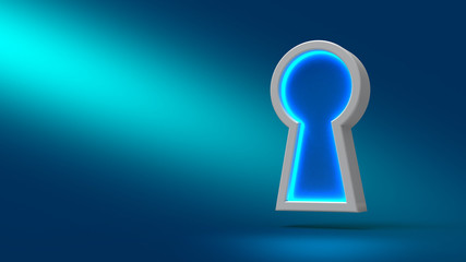 Security concept. Neon sign Keyhole on blue background. Set for design presentations. Trend modern logotype design. 3D rendering