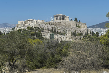 Fototapeta premium Akropolis in Athen aus der Sicht des Philopappos-Denkmals, Griechenland