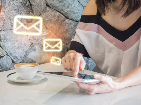 Woman play mobile,tablet  App Development Concept with Doodle design style mobile elements. mobile or tablet with cloud computing with blue background .