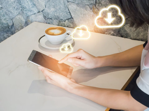 Woman play mobile,tablet  App Development Concept with Doodle design style mobile elements. mobile or tablet with cloud computing with blue background .