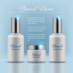 Set of cosmetic products on blue background. Packaging template. Vector illustration