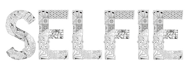 Word SELFIE for coloring. Vector decorative zentangle object