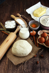 Bakery ingredients - flour, eggs, butter, sugar, yolk, almond nu