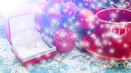 New Year's gifts spruce branches and ring in the box concept of New Year's holidays