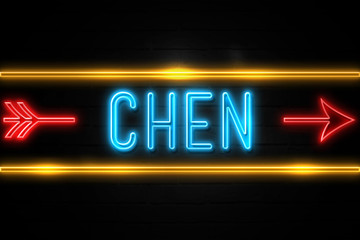 Obraz premium Chen - fluorescent Neon Sign on brickwall Front view