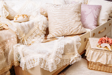 Home textiles. Various pillows and bedspreads