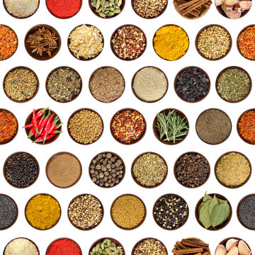 Seamless pattern with different spices in round wooden bowl