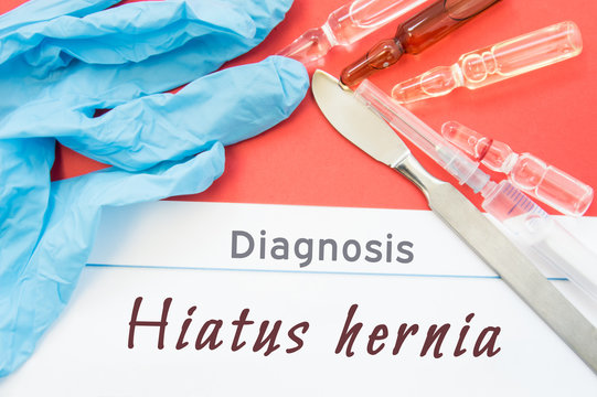Diagnosis Hiatus hernia. Blue gloves, surgical scalpel, syringe and ampoule with medicine lie next to inscription Hiatus hernia. Causes, symptoms, diagnosis, treatment, diet of this surgical disease
