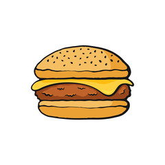 Vector illustration. Cheeseburger with meat and cheese. Image in cartoon style with contour. Unhealthy food. Isolated on white background