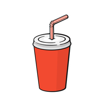 Vector illustration. Disposable paper cup with soda and straw. Dice-box with carbonated cold drink. Image in cartoon style with contour. Unhealthy food. Isolated on white background