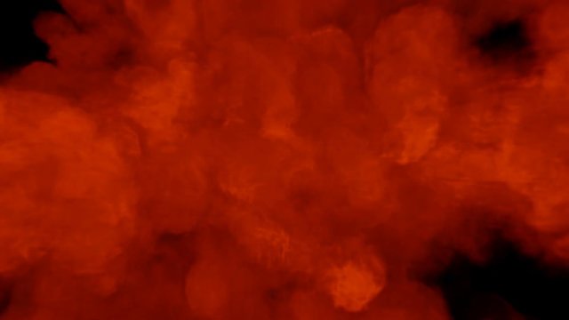 Animated two streams of red toxic smoke filling up whole screen against black background in 4k. Two flow source. Top view. Mask included.