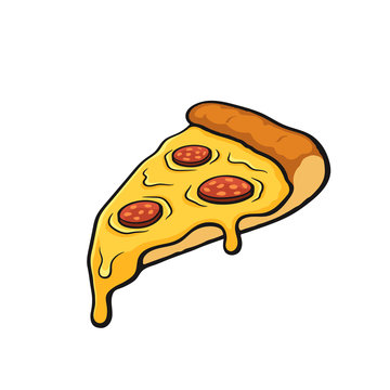 Vector illustration. Pizza slice with melted cheese and pepperoni. Image in  cartoon style with contour. Unhealthy food. Isolated on white background  Stock Vector | Adobe Stock