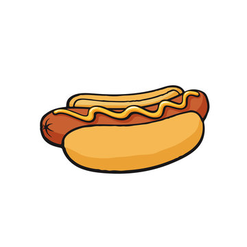Vector illustration. Hot dog with mustard. Sausage with bread bun. Image in cartoon style with contour. Sausage in a bun. Unhealthy food. Isolated on white background