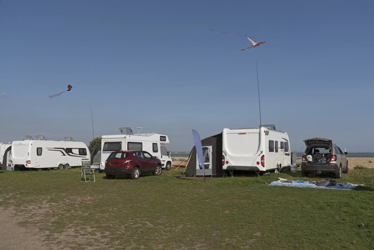 Caravan and camping site which overlooks the Solent at Calshot Hampshire England UK. August 2017