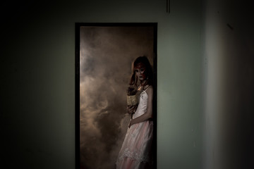 Zombie women bride death the ghost with blood skin is screaming darkness and nightmare background, horror of scary fear on hell is monster devil girl in halloween festival.