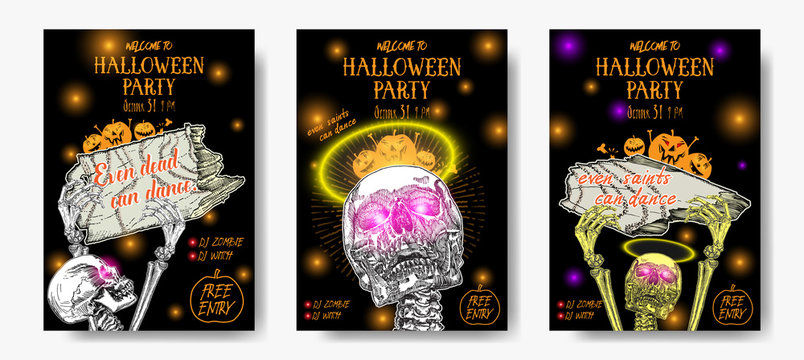 Set of Halloween holidays hand drawn invitation poster or greeting card with handwritten words and phrases calligraphy greetings. Even saints can dance. Vector.