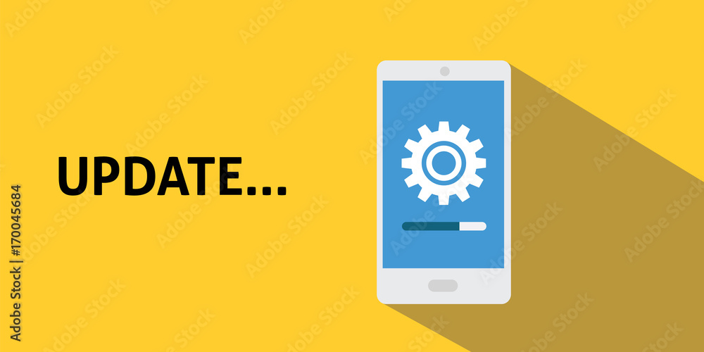 Poster smartphone update process with gearbox progress and loading bar with flat long shadow