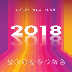 2018 logo design on abstract multicolored futuristic background with dynamic sunset stripes, followers icons, social media icons, print, Web, sport. Happy New Year title