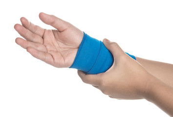 Wrist wrapped in elastic bandage on white background,wrist pain