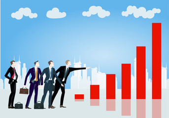 Fototapeta premium Group of young business people in the City looking and pointing on the growth red charts. Representation of professional success and opportunities. Business concept collection. 