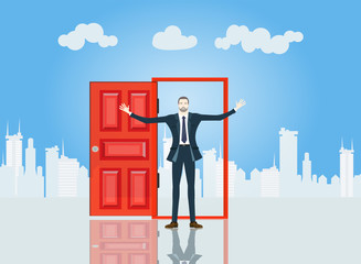 Successful businessmen in the City in front of the red door, represents opportunities and professional career. Business concept illustration