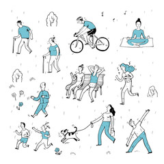 Hand drawn of action people in the park, cartoon characters and elements, sketch.